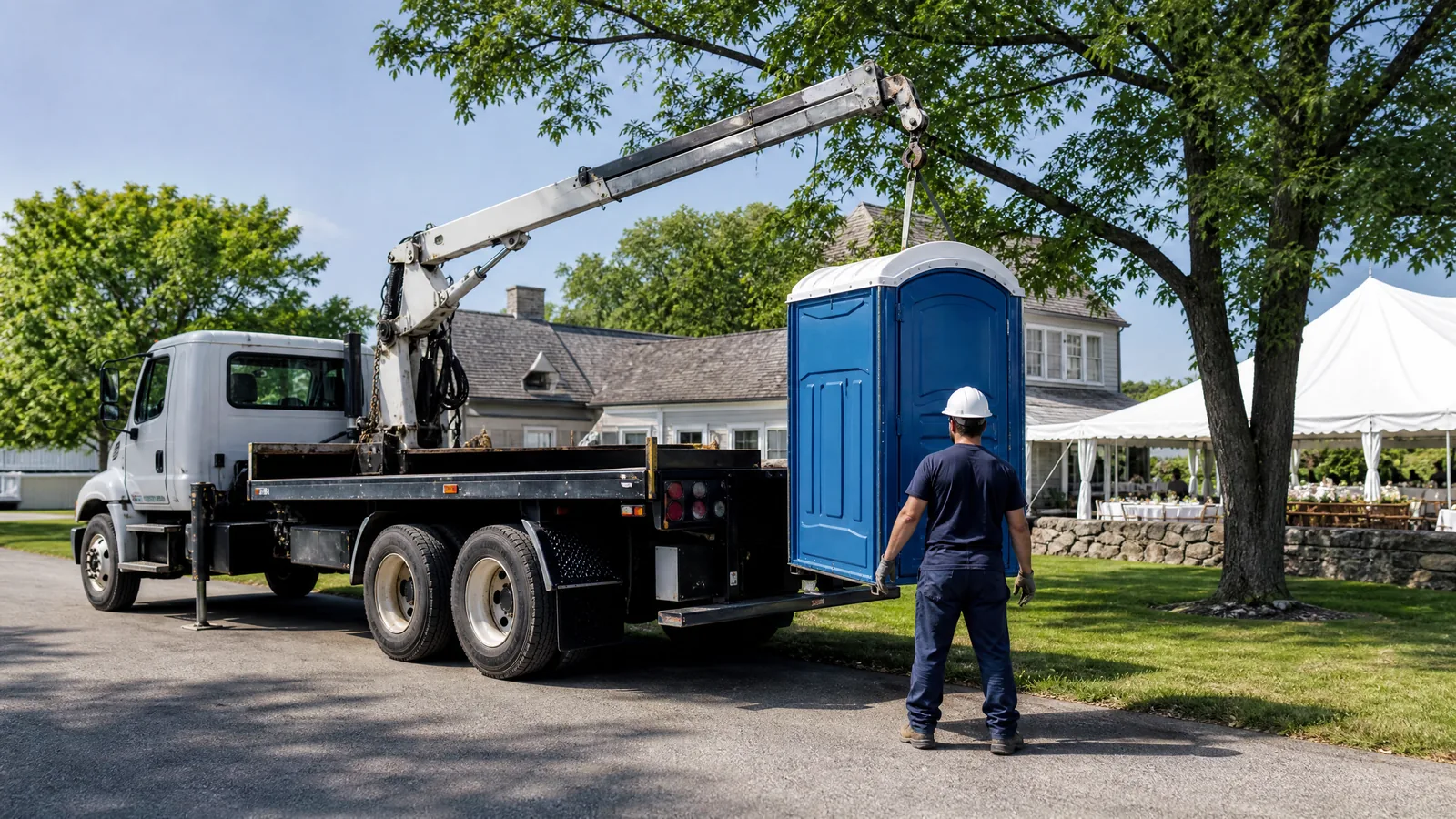 Portable restroom positioned beside a clear planning area at an outdoor Lexington site